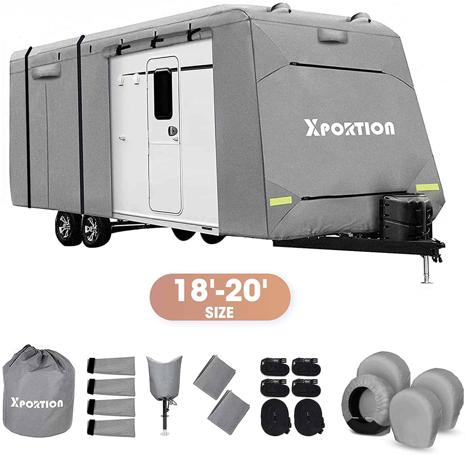 XGEAR Easy Setup Travel Trailer RV Cover Water-Repellent Fabric with Thick 3-ply Top Windproof Buckles & Assist Pole 24-27 