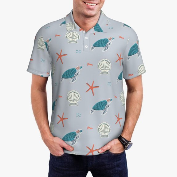 Rateoe Turtles And Shells Pattern Men's Short Sleeve Polo Shirts, Golf Polo Shirts Short Sleeve Performance Moisture Wicking Dry-XX-Large