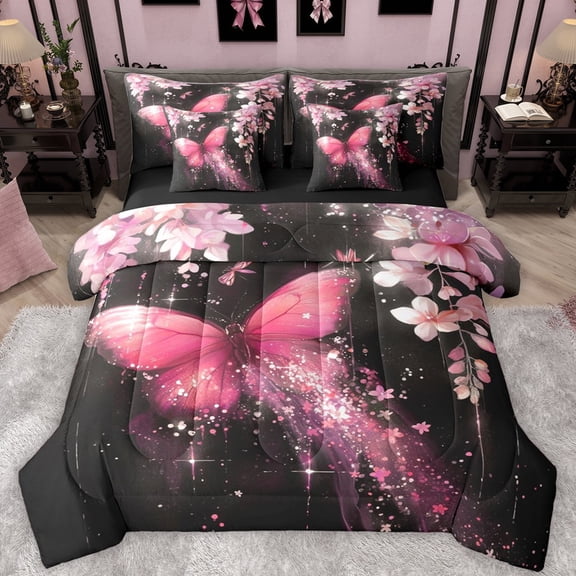 Castle Fairy Pink Floral Butterfly Twin Bedding Sets 7-Piece for Kids Children Teens,Dreamy Princess Bedding Comforter Set Microfiber,Abstract Gradient Breathable Sheet Sets,Luxury Bedroom Decor