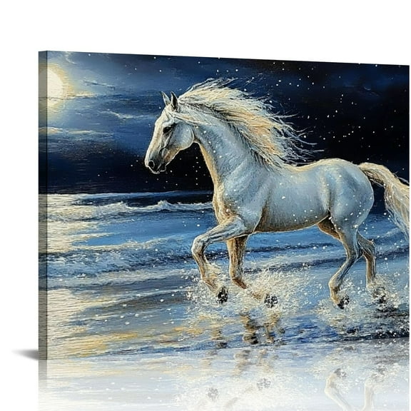 FCXZI White Horse Wall Art Starry Night Beach Pictures wall Decor Abstract Horse Oil Painting Canvas Prints Modern Coastal Artwork Decorations Framed for Bathroom Living Room Bedroom Office 16x12in