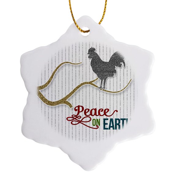 3drose, Peace on Earth Silver Rooster and Typography Barnyard Themed Holiday, 3 inch Snowflake Porcelain Ornament