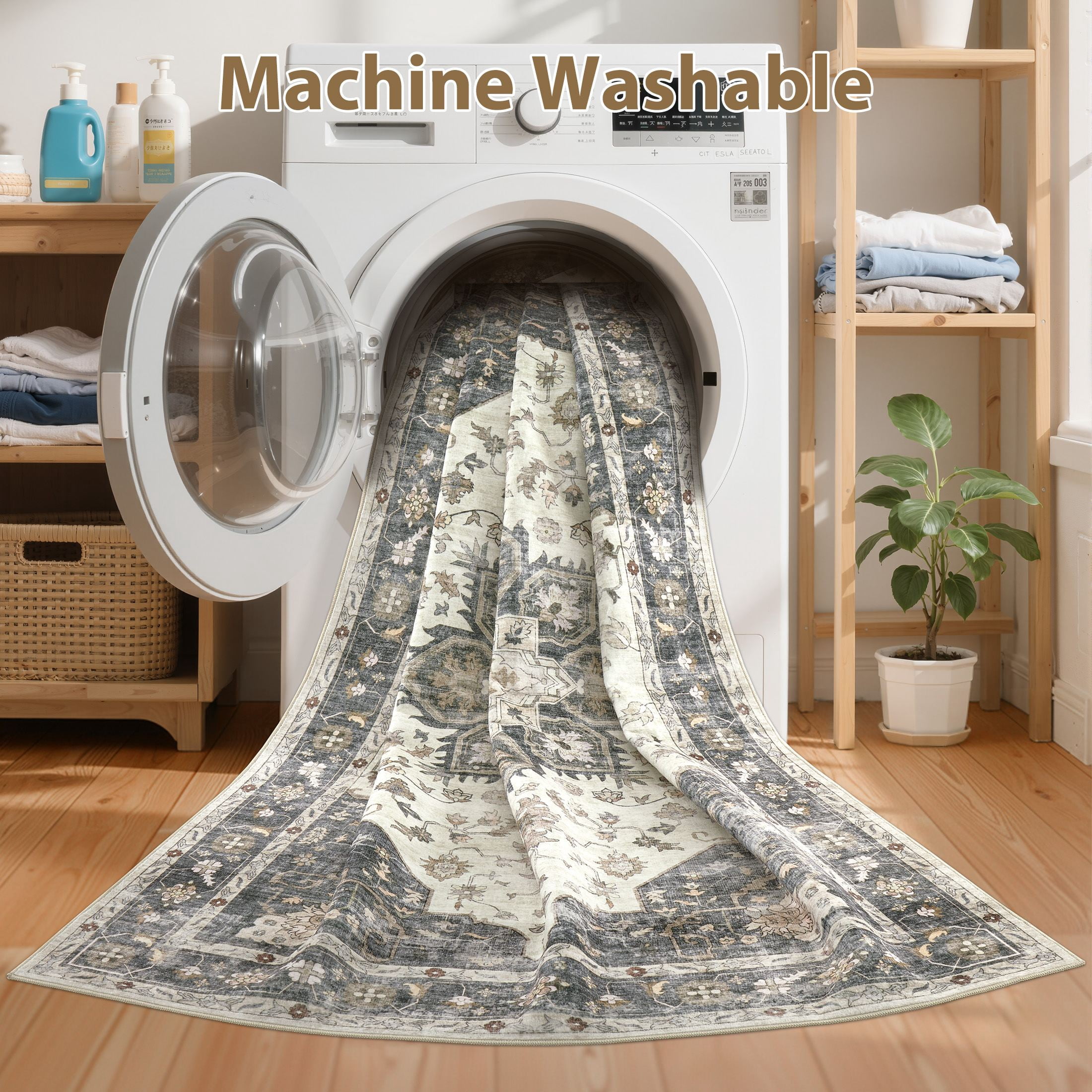 Uermei 9'x12' Large Area Rug for Living Room: Non-Slip Washable Stain Resistant Foldable Carpet for Bedroom Dining Room Office Home Decor - Beige Blue
