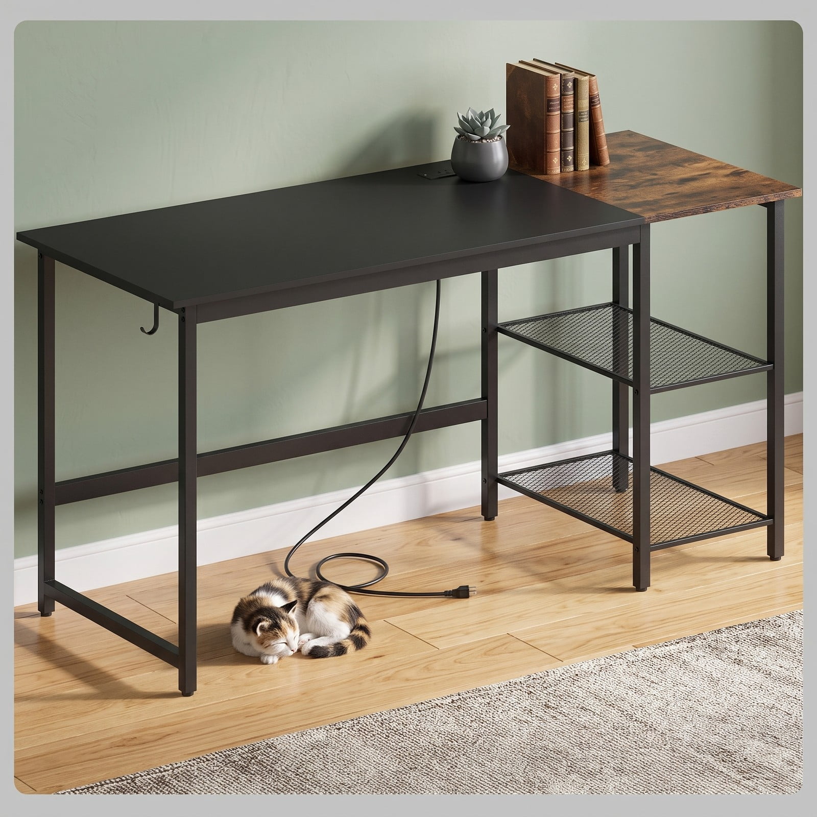 Furnibear 59 Inch Computer Desk with Charging Station, Home Office Writing Desk with 2-Tier Storage Shelves, Metal Frame Study Desk with USB &, Black & Rustic Brown