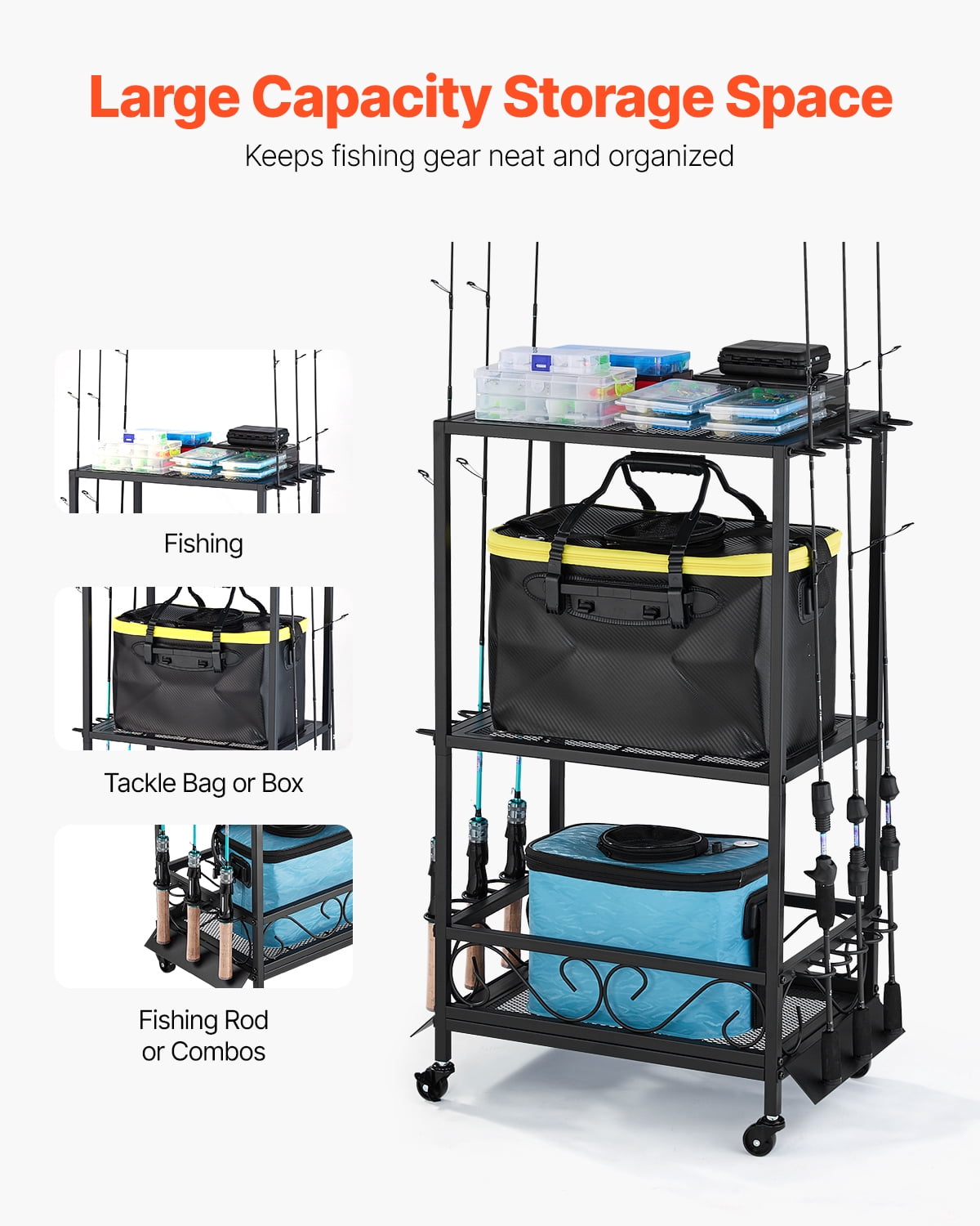 VEVOR Fishing Rod Holder for 10-Rods, Mobile Fishing Pole Rack Cart with Wheels, Fish Gear Equipment Organizer for Garage Home Indoor Use, for Tackle Box Reel Accessories Storage, Gifts for Men