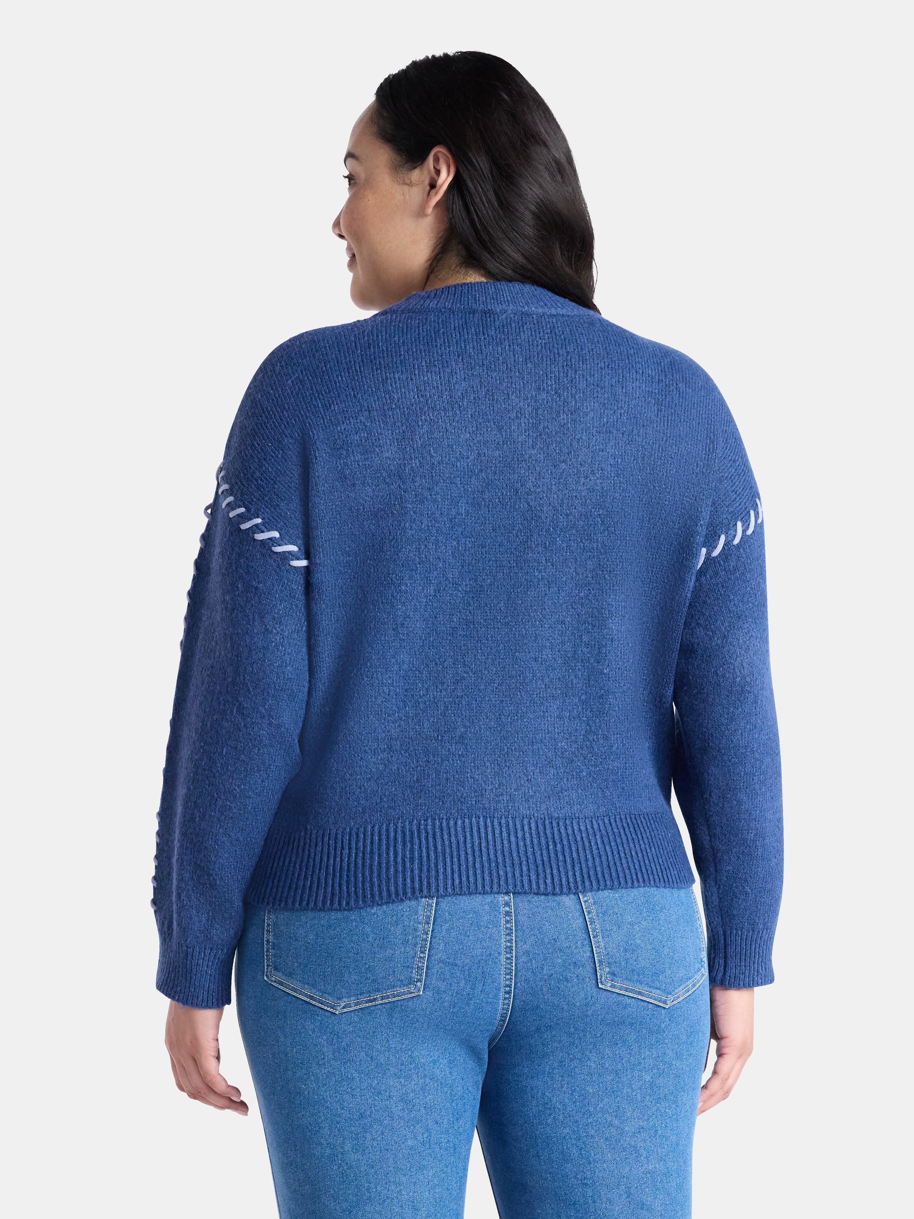 Terra & Sky Women's Plus Cropped Whipstitch Trim Sweater, Lightweight, Sizes 0X-5X