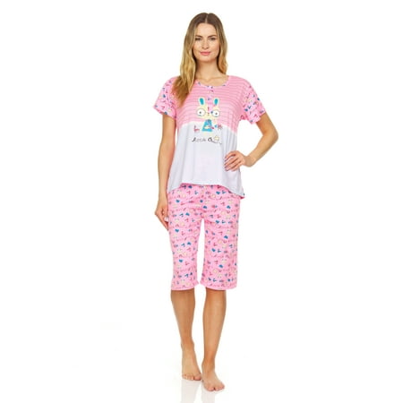 

Lati Fashion Women Capri and Short Sleeve Top 2-Piece Female Pajamas Set Pink L