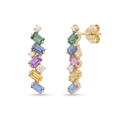 Fine Color Jewels Natural Multi Sapphire & Diamond Drop Earrings in 14K Yellow Gold, Zigzag Gold Colorful Jewelry