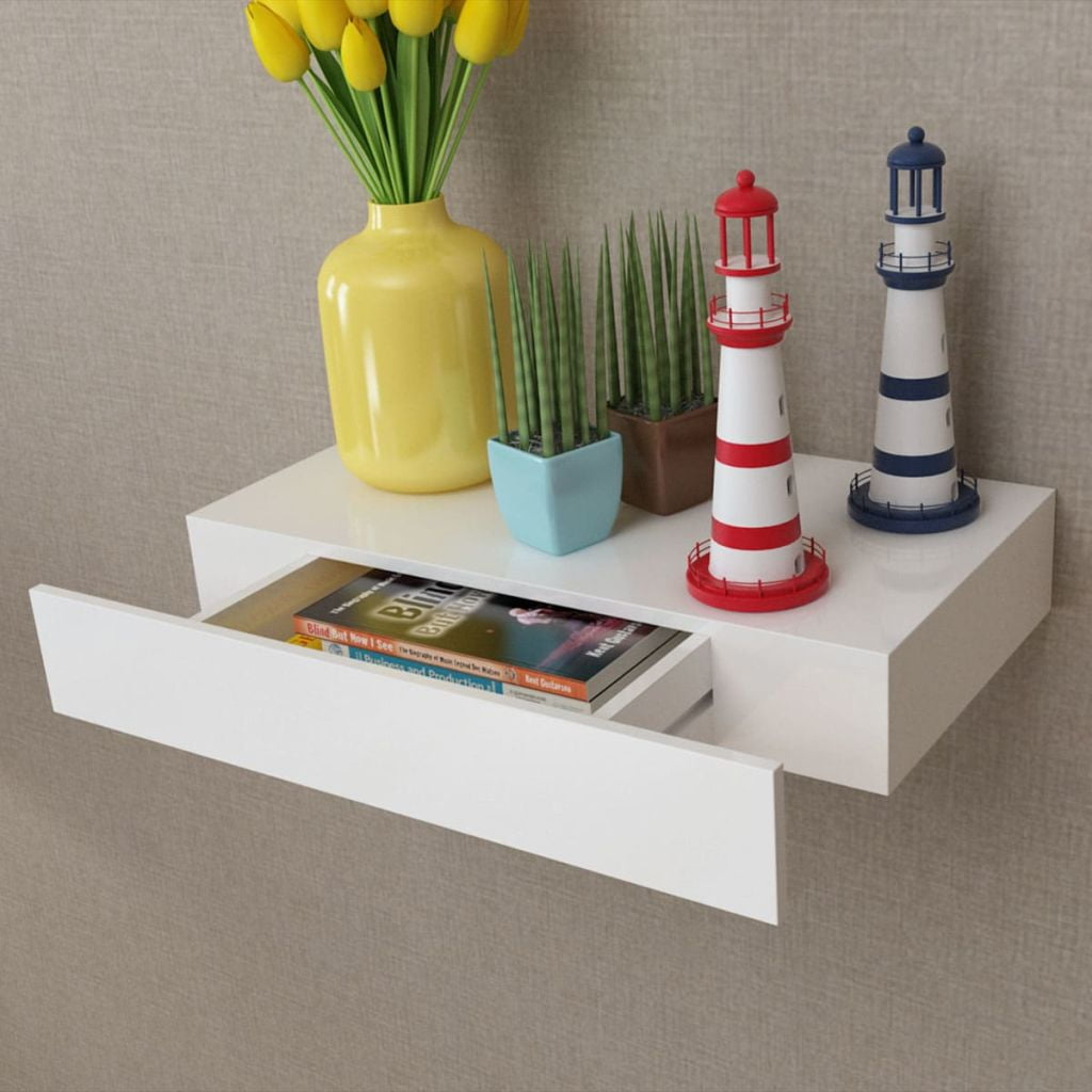 Kepooman 19" Wall Decor Storage Shelf with 1 Drawer for Bedroom, White Kepooman 19" Wall Decor Storage Shelf with 1 Drawer for Bedroom, White