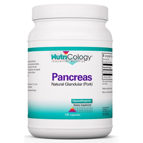 Nutricology Pancreas Dietary Supplement - Digestive Support, Natural Glandur (Pork), Enzymes, Hypoallergenic, Vegetarian Capsules, Gluten Free - 720 Count