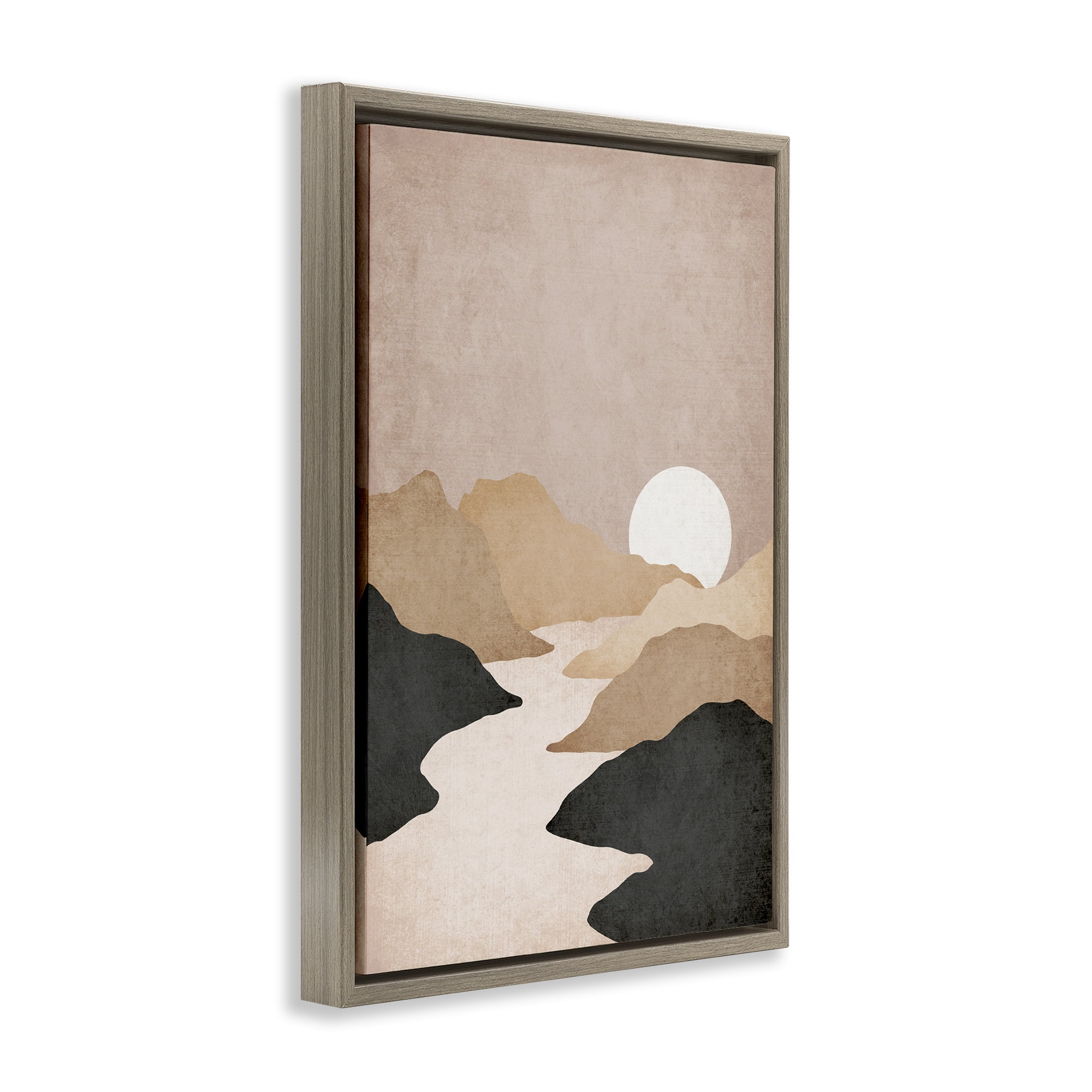 Stupell Industries Beige Mountains with Stream Landscape & Nature Painting Brown Floater Framed Canvas Art Print Wall Art, 17 x 25