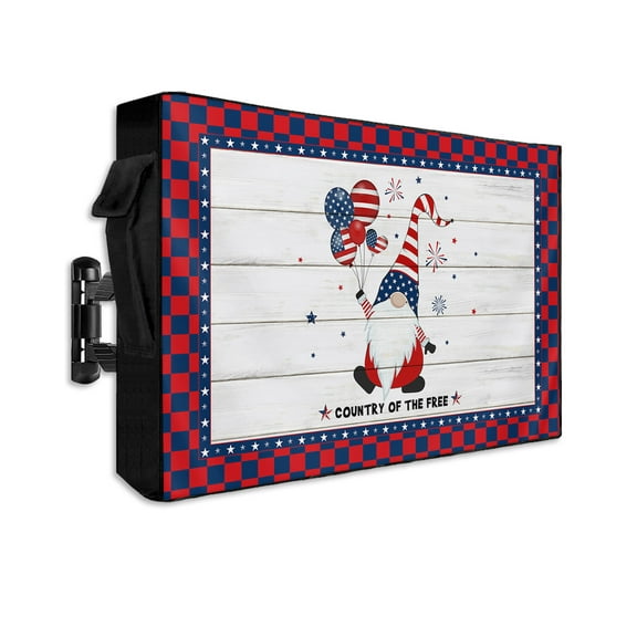 Gnomes with American Flag Balloon Outdoor TV Cover 70 to 75 Inch Waterproof, Retro Wooden Stripes Red Blue 600D Oxford TV Covers with Zipper, Outside Flat TV Screen Protector 68"Wx42"Hx4.5"D