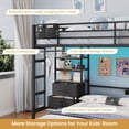 thumbnail image 5 of Metal Bunk Bed Twin Over Full Size with LED Lights and Charging Station, Twin Size Loft Bed with 4 Storage Drawers and 3-Tier Open Bookshelf, Modern Bunk Beds with Pegboard and Ladder, Black, 5 of 10