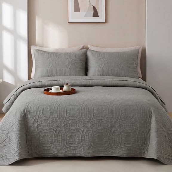 Quilted Bedspread Set‑2/3PCS, 1 Quilt 1/2 Pillowcases, Hypoallergenic Light Bedding, Fade Resistant, Machine Washable for All Seasons(Gray,Twin)