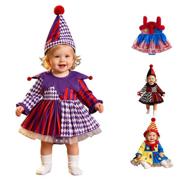 Bigetiay Baby Girl Halloween Outfit Clown Romper Dress With Hat Color Block Toddler Halloween Dress, Size 3-6 Months