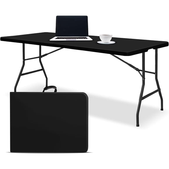 LOJIAWOWE 8FT Folding Table with Built-in Handle | Heavy Duty Portable Plastic Table for Party, Wedding, Picnic, Indoor Outdoor Use (Black)