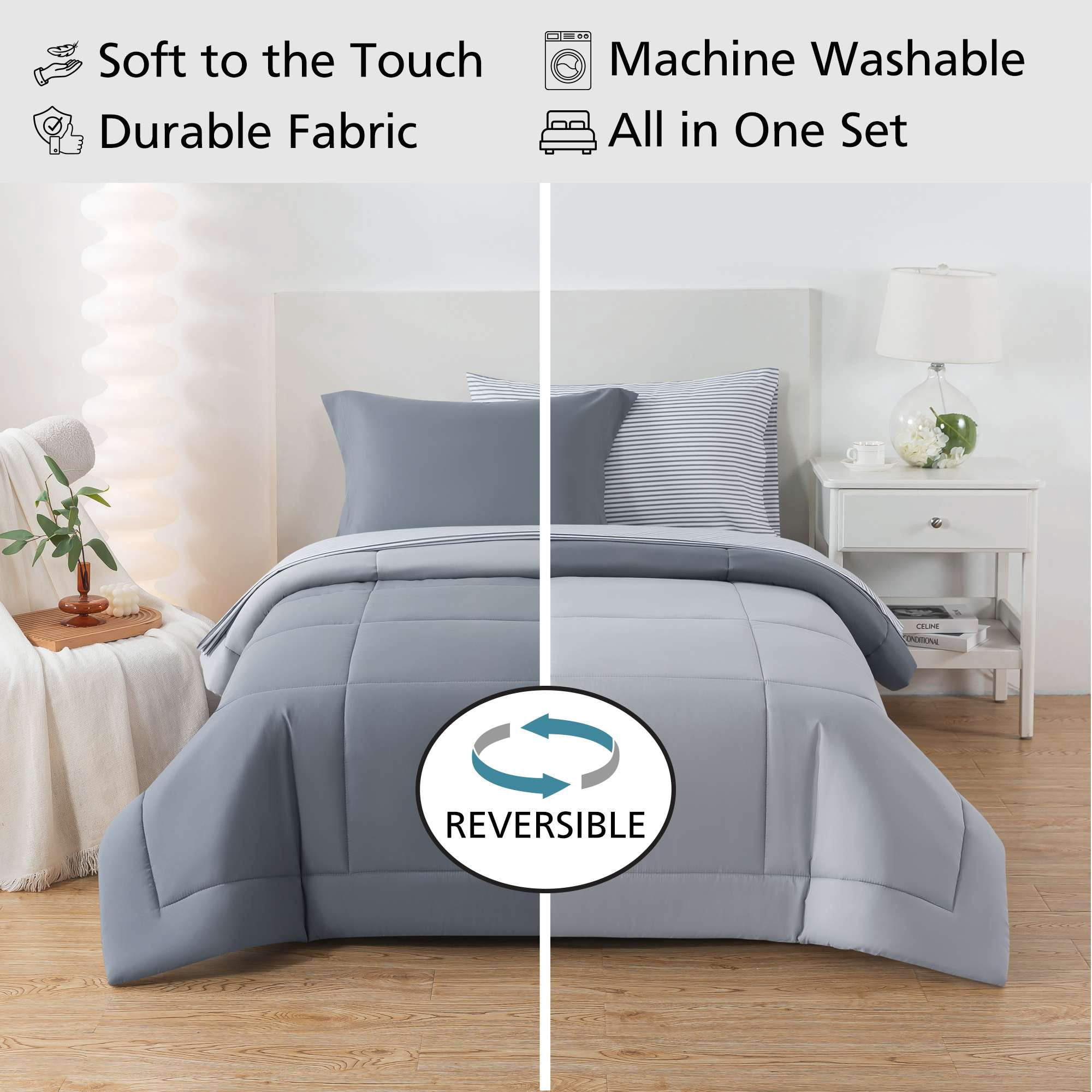 Mainstays All in One Reversible Comforter and Sheet Set, 5-Piece, Twin, Gray
