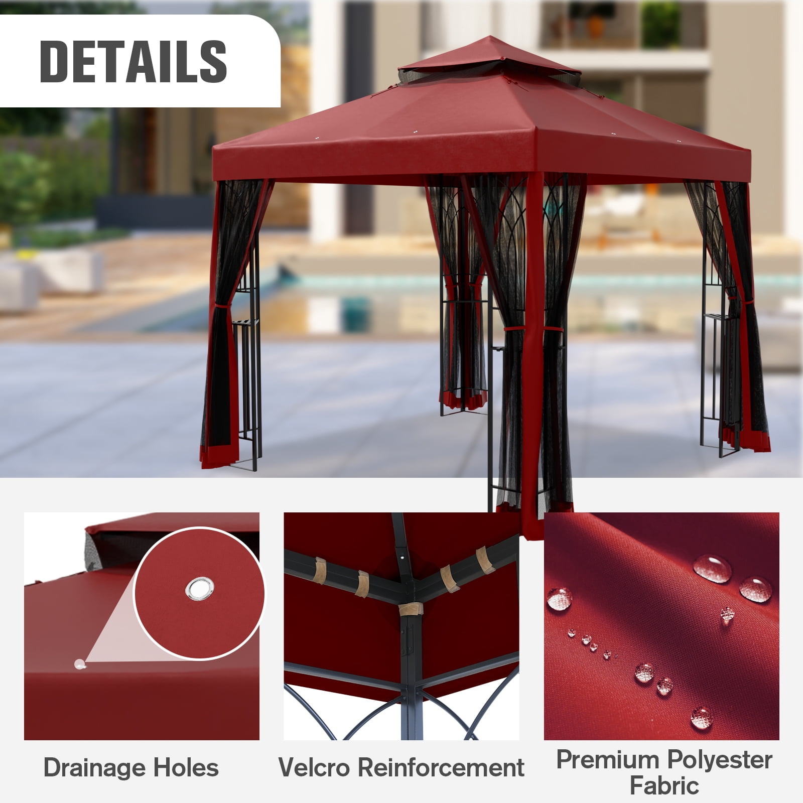 COOS BAY 8 ft. W x 8 ft. D Red Outdoor Patio Soft Vented Top Gazebo with Zipped Netting, Corner Shelves, Ceiling Hook