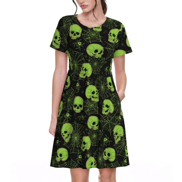 Disketp Skulls And Cobwebs para Vestido de Manga Corta para Mujeres, Vestidos de Verano para Mujeres, Casual y Holgado para la Playa