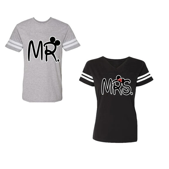 New Mr Mrs Unisex Couple Matching Cotton Jersey style T-Shirt Contrasting stripes on sleeves (Men Heather / Women Black) (Men S / Women S)
