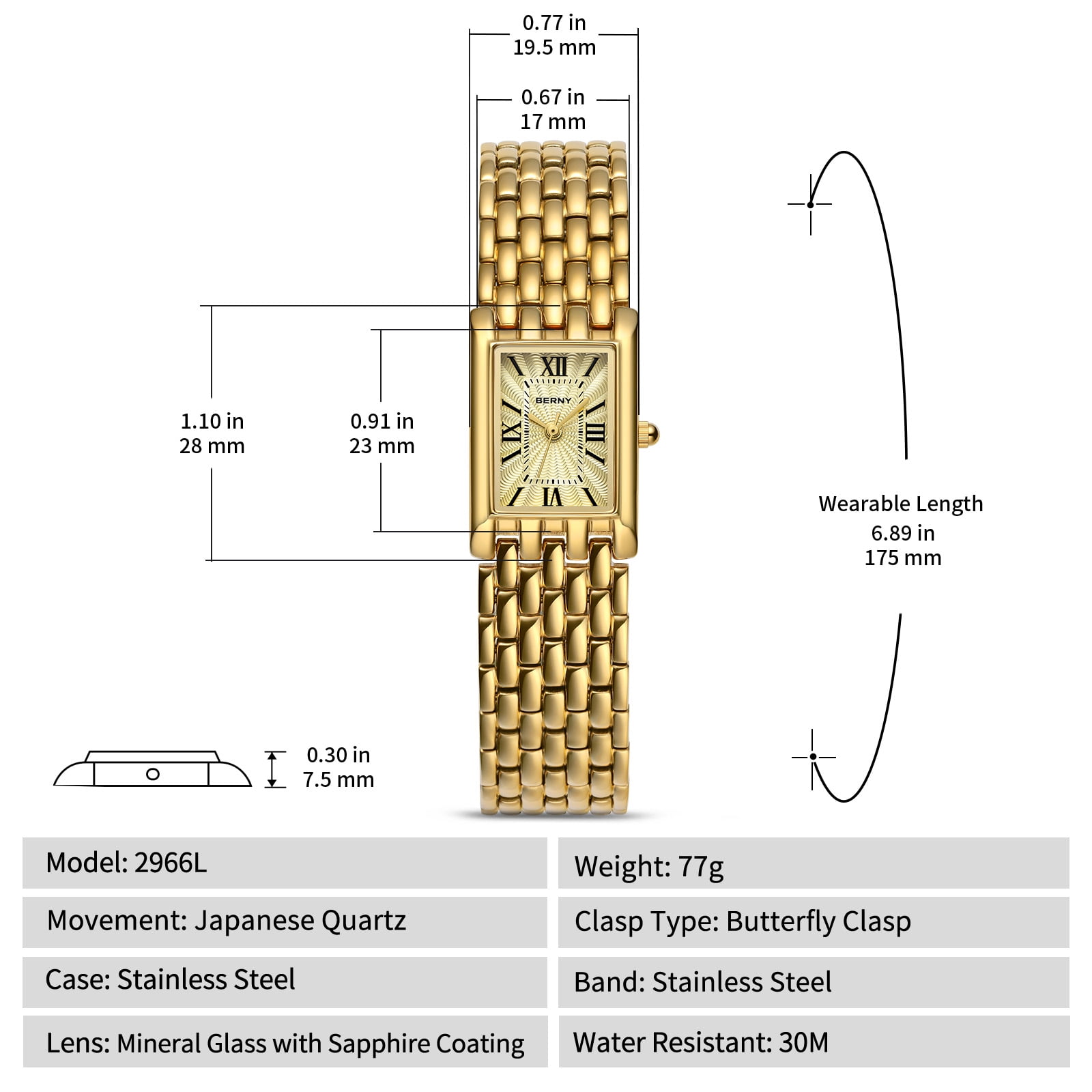 BERNY Small Gold Watches for Women, Luxury Vintage Rectangular Case Roman Dial, Dainty Stainless Steel Bracelet Watch, Adjustment Tool Included, Waterproof, Womens Gold Watch Gifts (Gold)