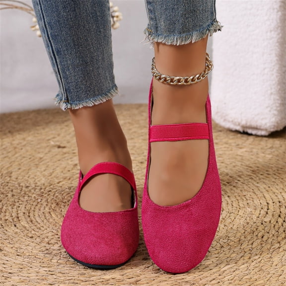 Domuza Women's Mary Jane Flat Shoes with Elastic Strap, Soft Faux Suede Slip On Casual Walking Flats, Comfortable Low Profile Everyday Footwear for Work Office Daily Wear Hot Pink 8.5（EU-41）