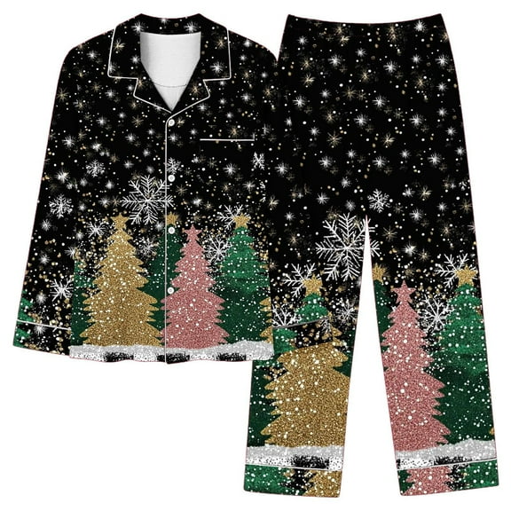 Cavosen Christmas 2 Piece Womens Cotton Pajamas and Elastic Waist Pants Breathable Sleepwear Christmas Tree Printed Warm Pockets Cute