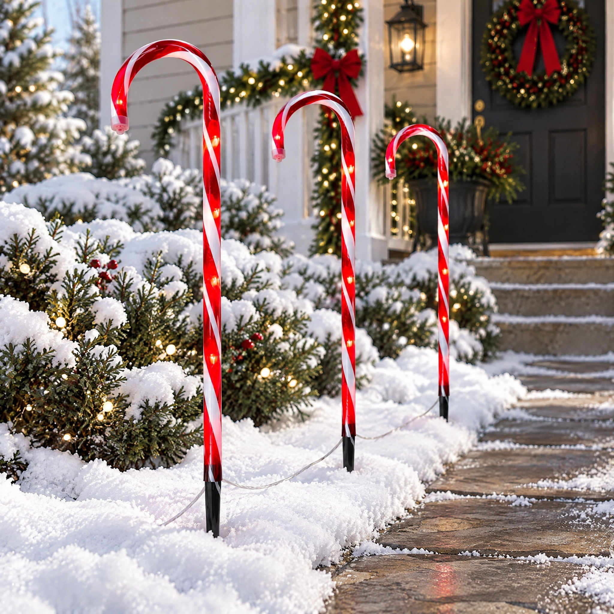 Light-Up Candy Cane Outdoor Christmas Yard Stakes, Red and White, 26", Set of 3, by Holiday Time