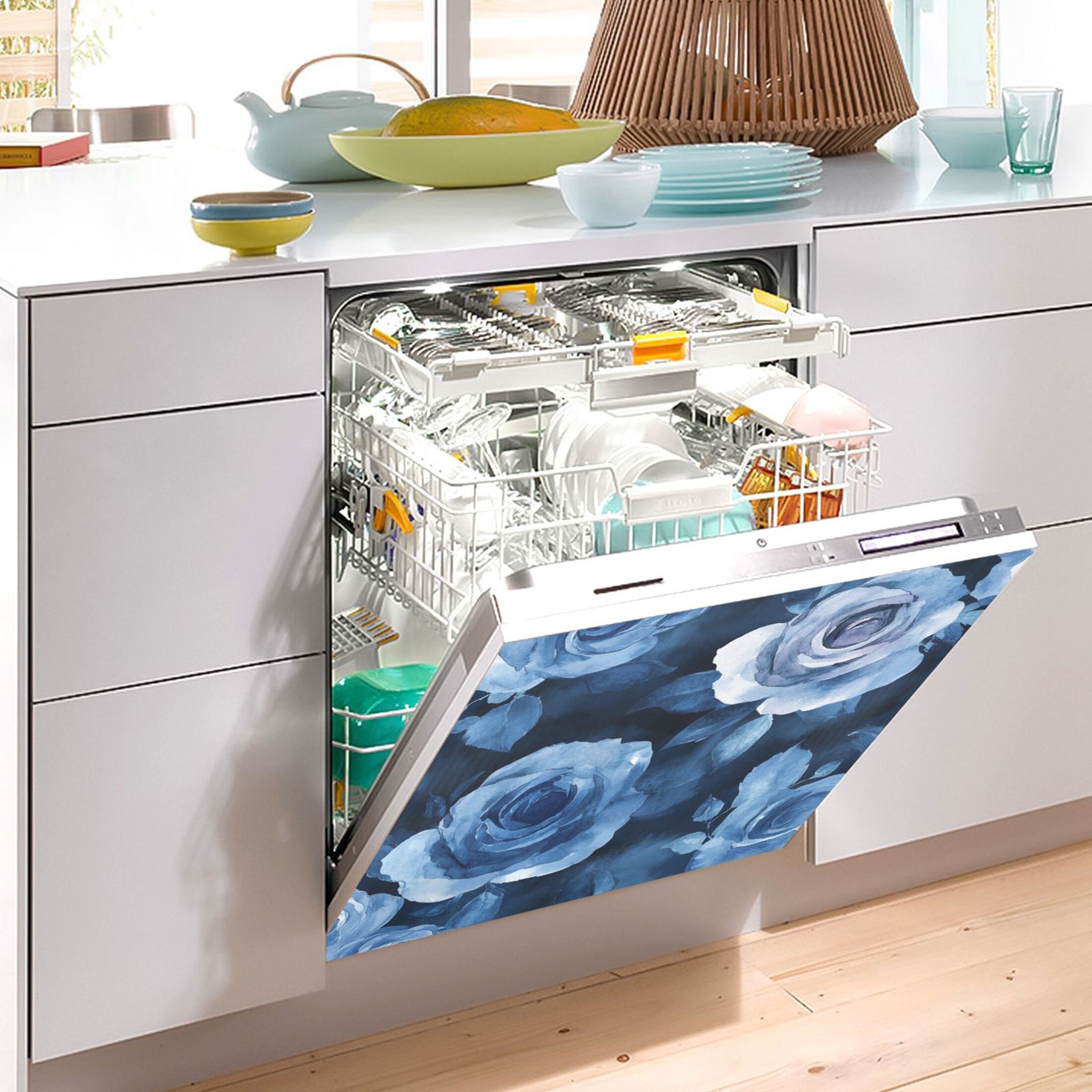 Dishwasher Magnetic Sticker 23x26 Inch Refrigerator Magnetic Sticker Washing Machine Magnetic Sticker Kitchen Panel Magnetic Sticker Home Decor Cartoon Teal Roses Seamless