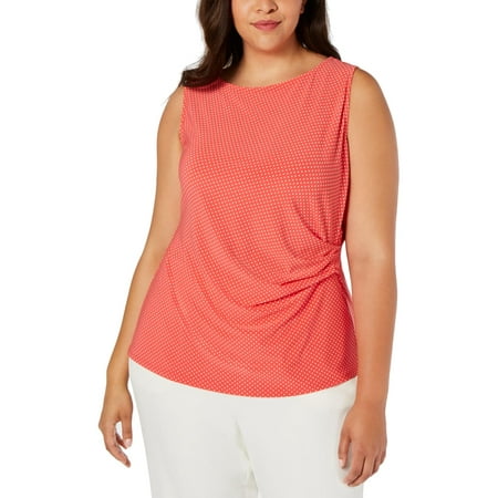Anne Klein Womens Plus Polka Dot Gathered Tank Top