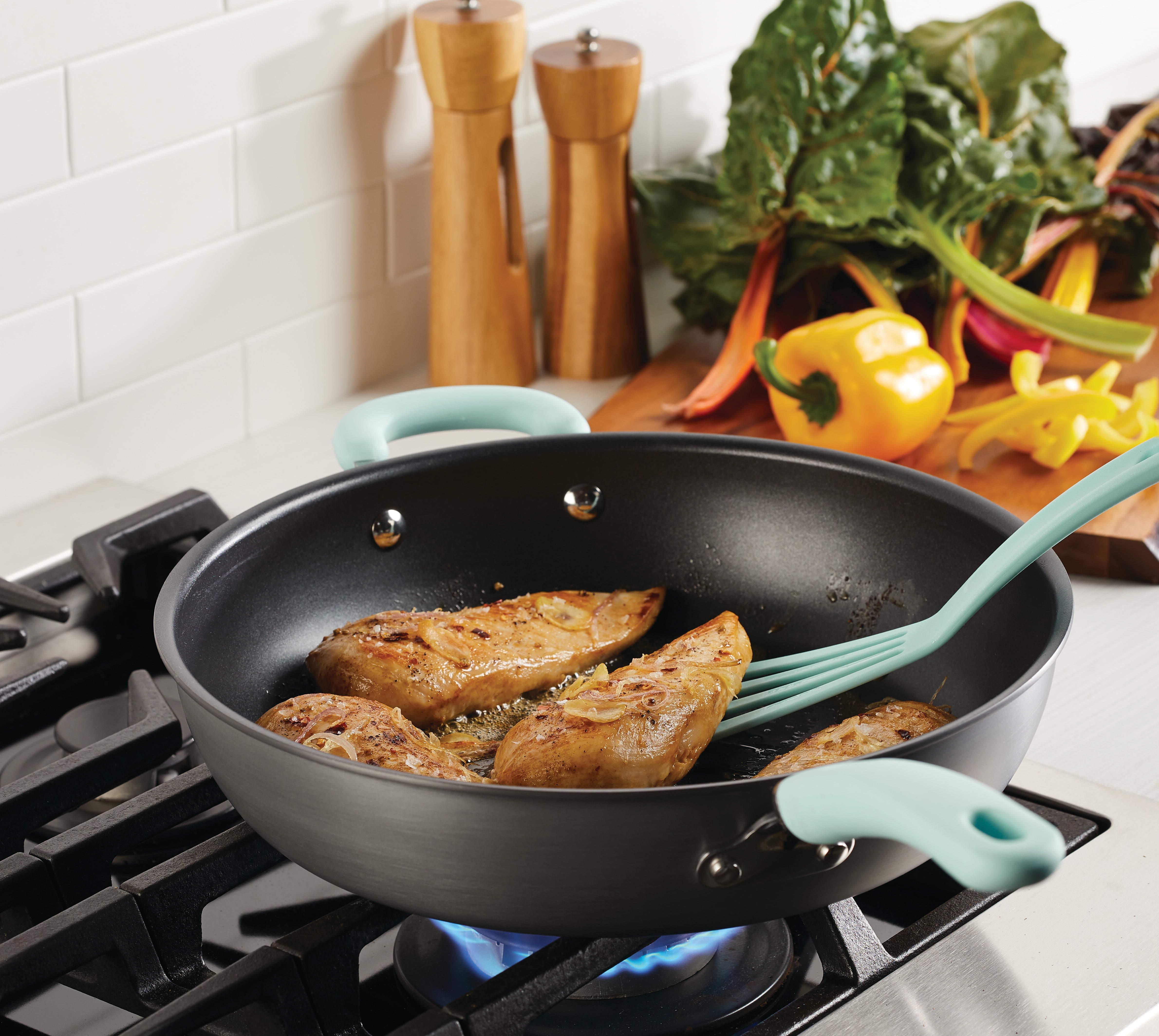 Rachael Ray Create Delicious 12.5" Nonstick Deep Frying Pan, Light Blue Handle