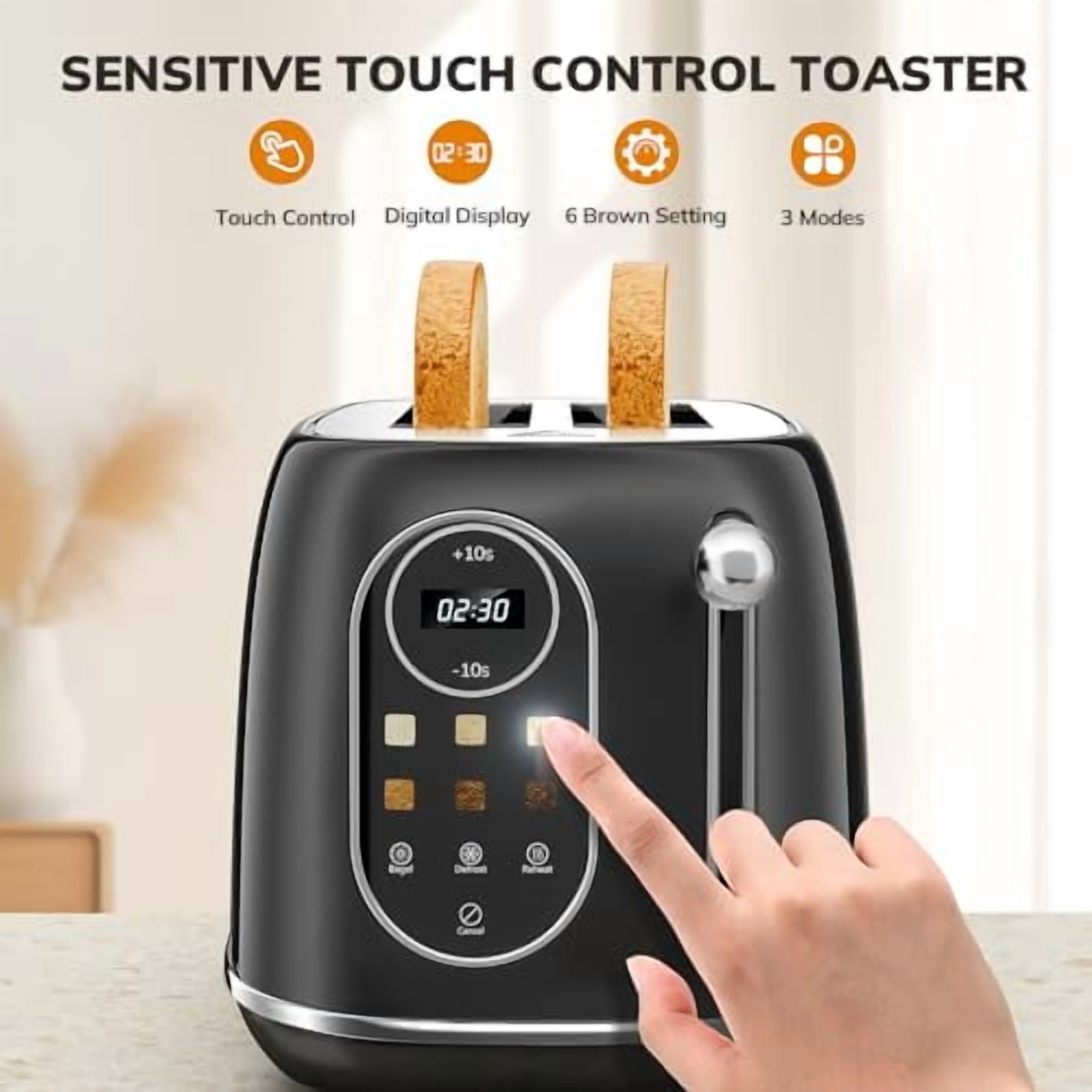 2 Slice Touchscreen Smart Toaster - Stainless Steel Toaster with Wide Slot, 6 Shade Settings, Bagel Function, Removable Crumb Tray - Black