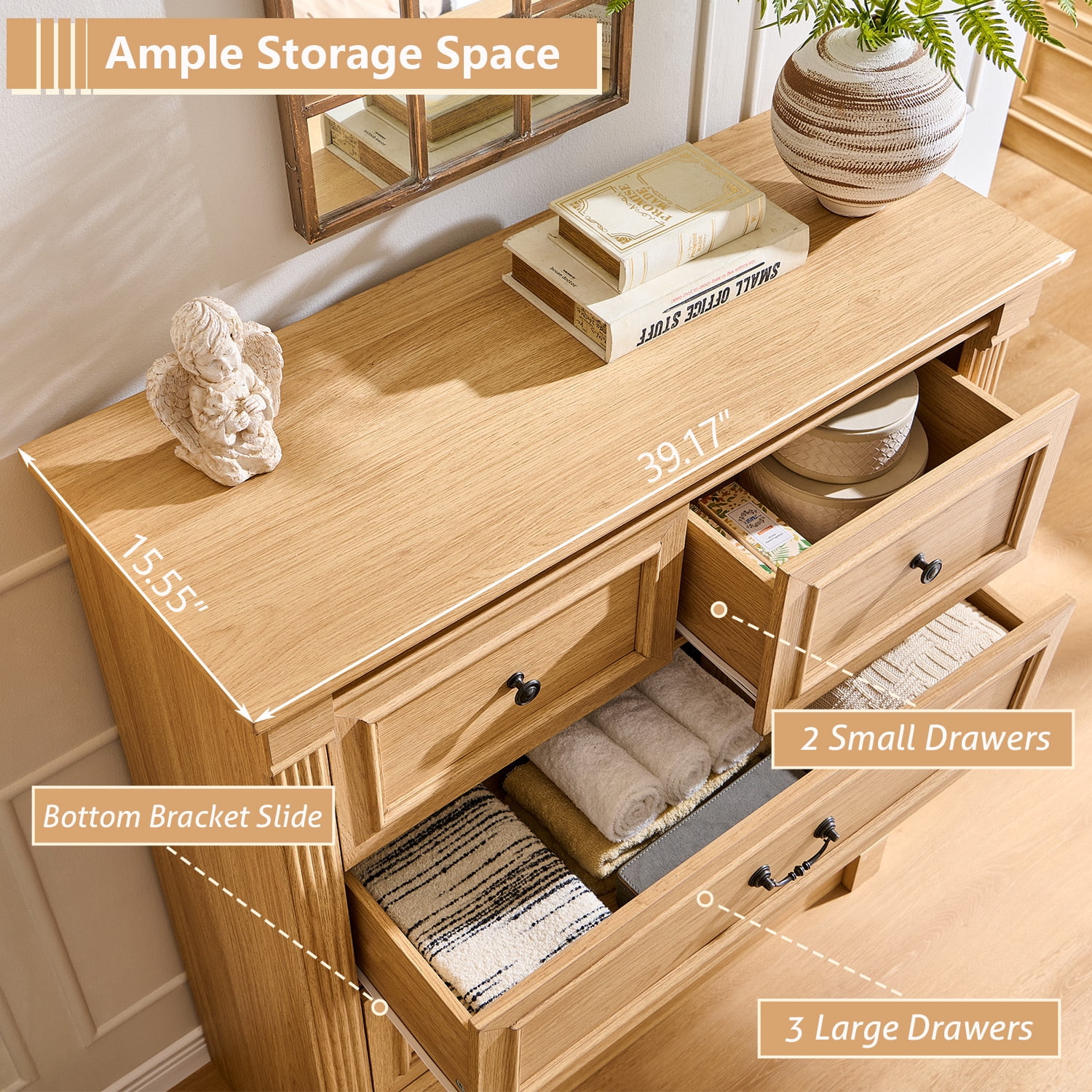 AsterOutdoor Farmhouse 5 Drawers Dresser, Tall Chests of Drawers w/Roman Column, Large Storage Dressers Organizer for Bedroom, Hallway, Living Room