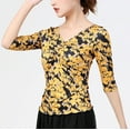 thumbnail image 3 of Half Sleeves Floral Print V Neck Ruched Drawstring Ladies Workout Dance Tops T Shirt Blouse, 3 of 5