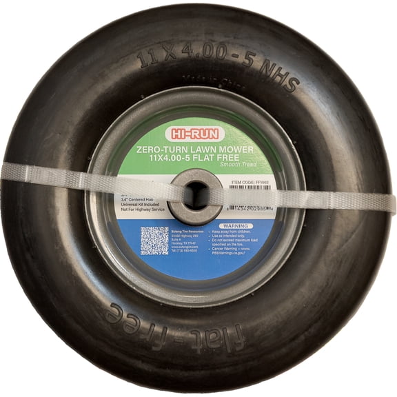 Hi-Run Smooth 11X4.00-5 Flat Free Lawn Mower Tire & Wheel Assembly with 3/4" Bushing