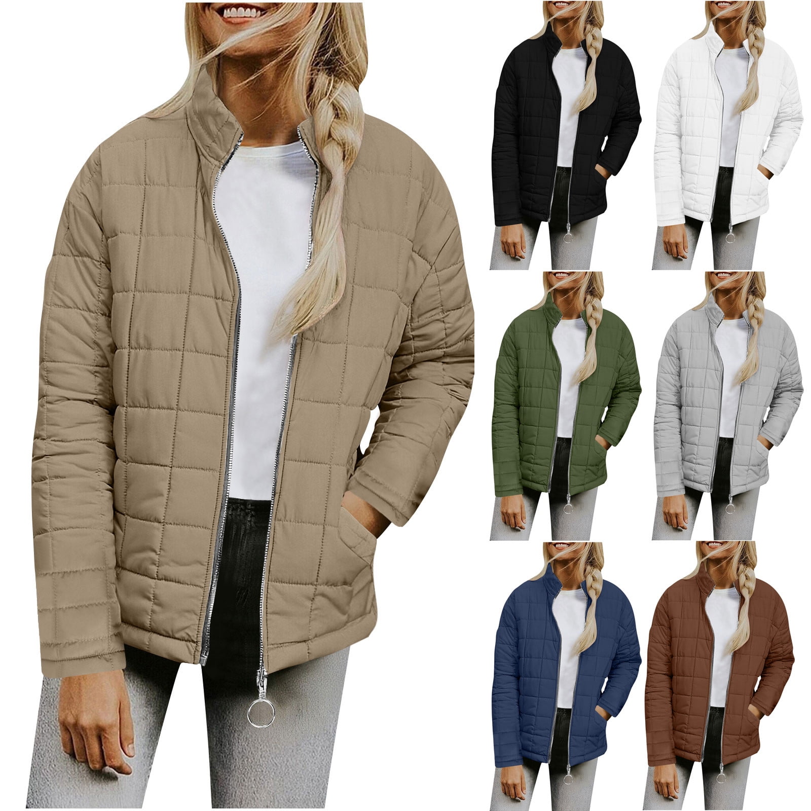 YOIAVAIOY Women's Quilted Jackets Long SleeveThickened Thermal Coat Fashion Mock Neck Zip Up Winter Outdoor Parka Jacket with Pocket Black XL