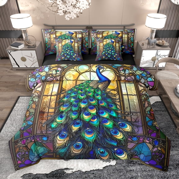 jejeloiu Cute Peacock 7-Piece Twin Bedding Sets,Boho Bohemian Bedding Comforter Set,Vintage Glass Sheet Sets For Kids,Super Cozy Room Decor Reversible
