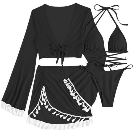 Summer Savings Miqool Women s 4 Pieces Swimsuits Triangle Bikini Sets Long Sleeve Sheer Mesh Bathing Suits with Tassels Beach Cover Up Skirt