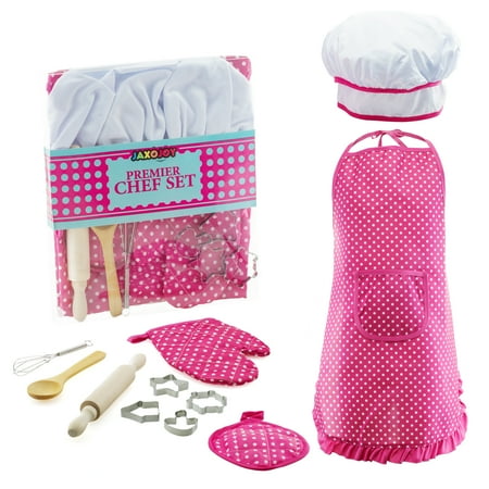 5 Tub Apron - JaxoJoy Complete Kids Cooking and Baking set - 11 Pcs Includes Apron for Little Girls, Chef Hat, Mitt & Utensil for Toddler Dress Up Chef Costume Career Role Play for 3 Year Old Girls and Up - Pink