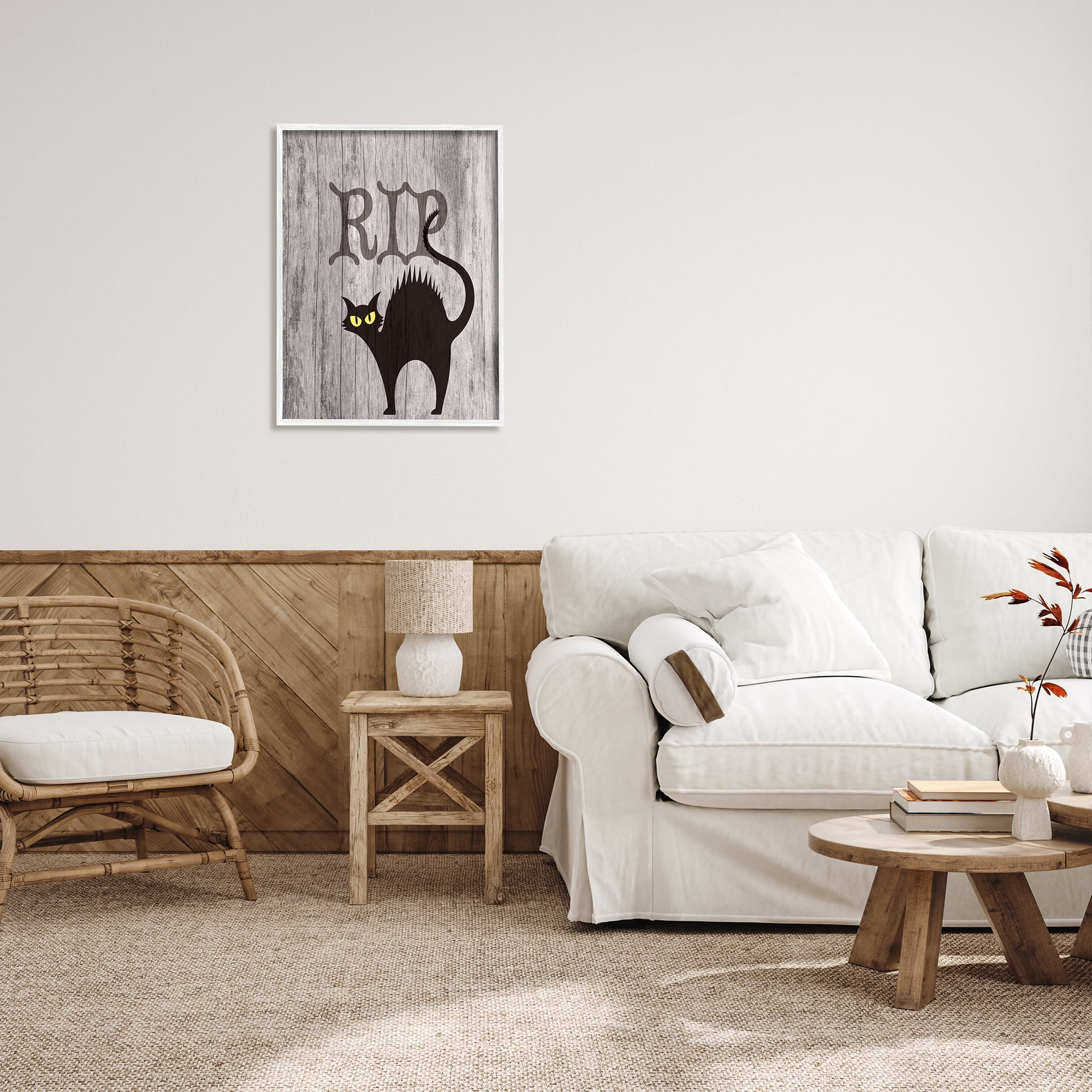 Stupell Industries RIP Halloween Cat Holiday Painting White Framed Art Print Wall Art, 24 x 30