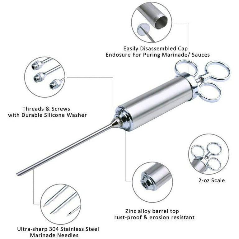 Heavy duty 304 Stainless Steel Meat Injector Kit with 2-oz Large Capacity  Barrel with 3 commercial Marinade Needles