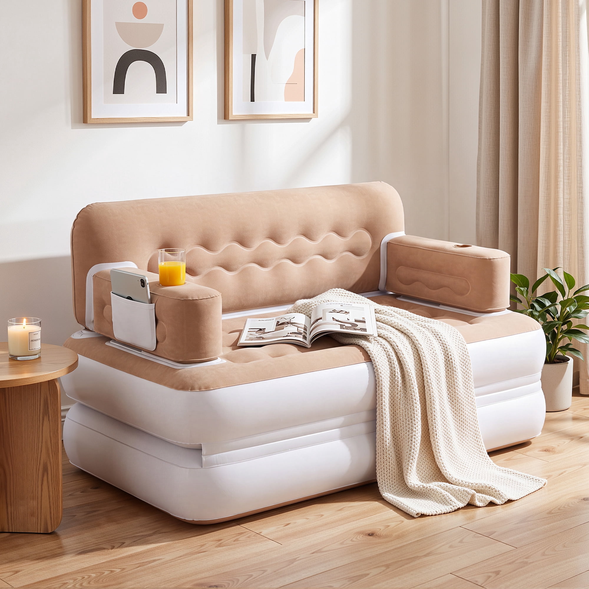 Uforic Queen Size 2-in-1 Convertible Inflatable Air Sofa Bed with Wave Headboard, Built Pump, Cup Holders & Storage Pocket for Guest Room Camping, Khaki