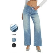 PAOLA RIBONI Womens Mid Waisted Rhinestone Jeans Straight Wide Leg Vintage Wash Sparkling Bling Denim Pants Shiny Sequin Trouser
