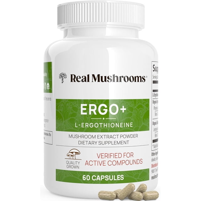 real mushrooms ergo + l-ergothioneine | 60 servings | 60 capsules frasco frontal blanco con etiqueta verde que muestra ERGO+ L-ERGOTHIONEINE y 60 capsules; suplemento dietario en cápsulas beige, formulado para apoyo para el sistema inmunológico, salud cerebral y enfoque mental.