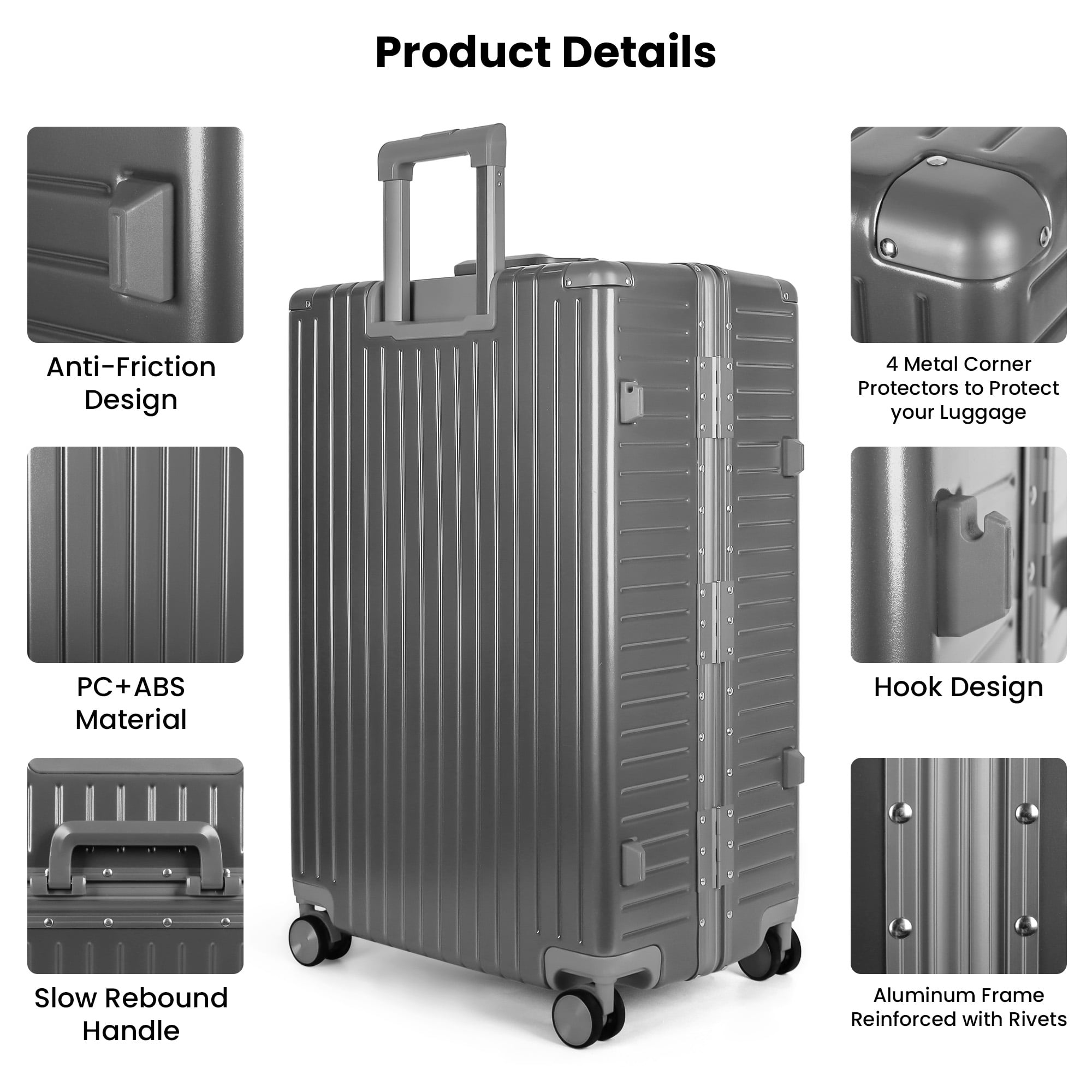 New York Xpress Luggage Sets 2 Piece Aluminium Frame Hardside Suitcase with Spinner Wheels & Double TSA Lock, 20" Carry-On + 28" Checked, Gray, AL12501