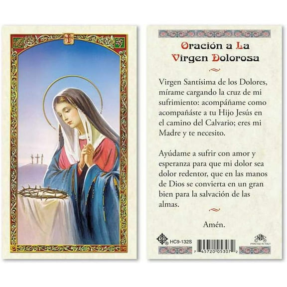 Oracion a La Virgen Dolorosa Tarjetas Laminadas en Espanol Laminated Prayer Cards - Pack of 25