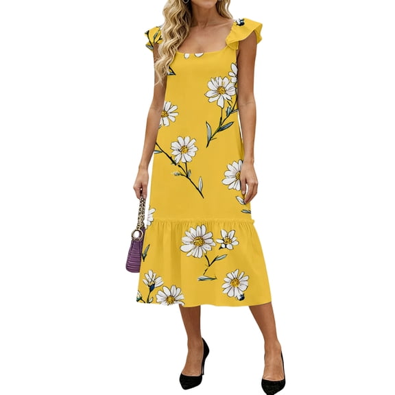 LWavelet Women's Square Neck Ruffle Strap Floral Print Tiered Midi Dress for Casual & Summer Wear Fluorescence Yellow L