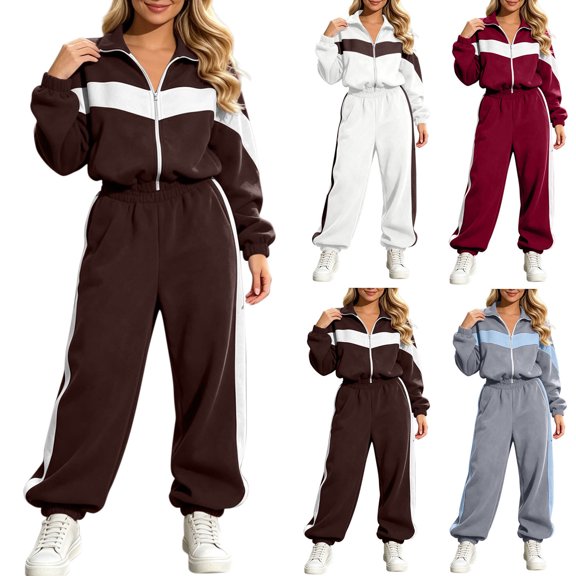 Smsaxvxz Sweatsuits Women 2 Piece Outfit Striped Tracksuit Long Sleeve Zipper Crop Jacket Jogger Sweatpants Set Coffee S
