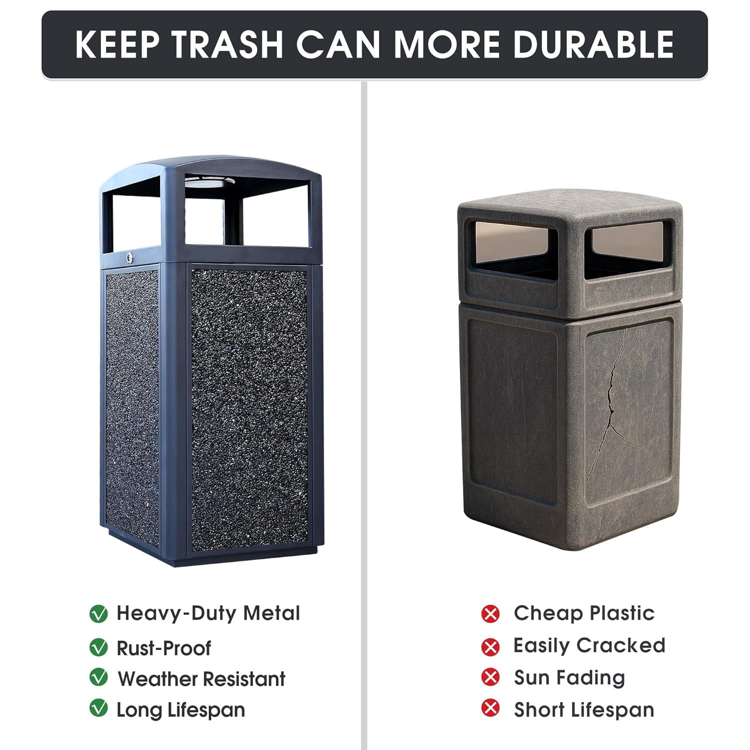 BERPET 15 Gallon Commercial Outdoor Trash Can with Ashtray Top, Steel Waste Receptacle with Stone Panels, Removable Liner and Locking Door