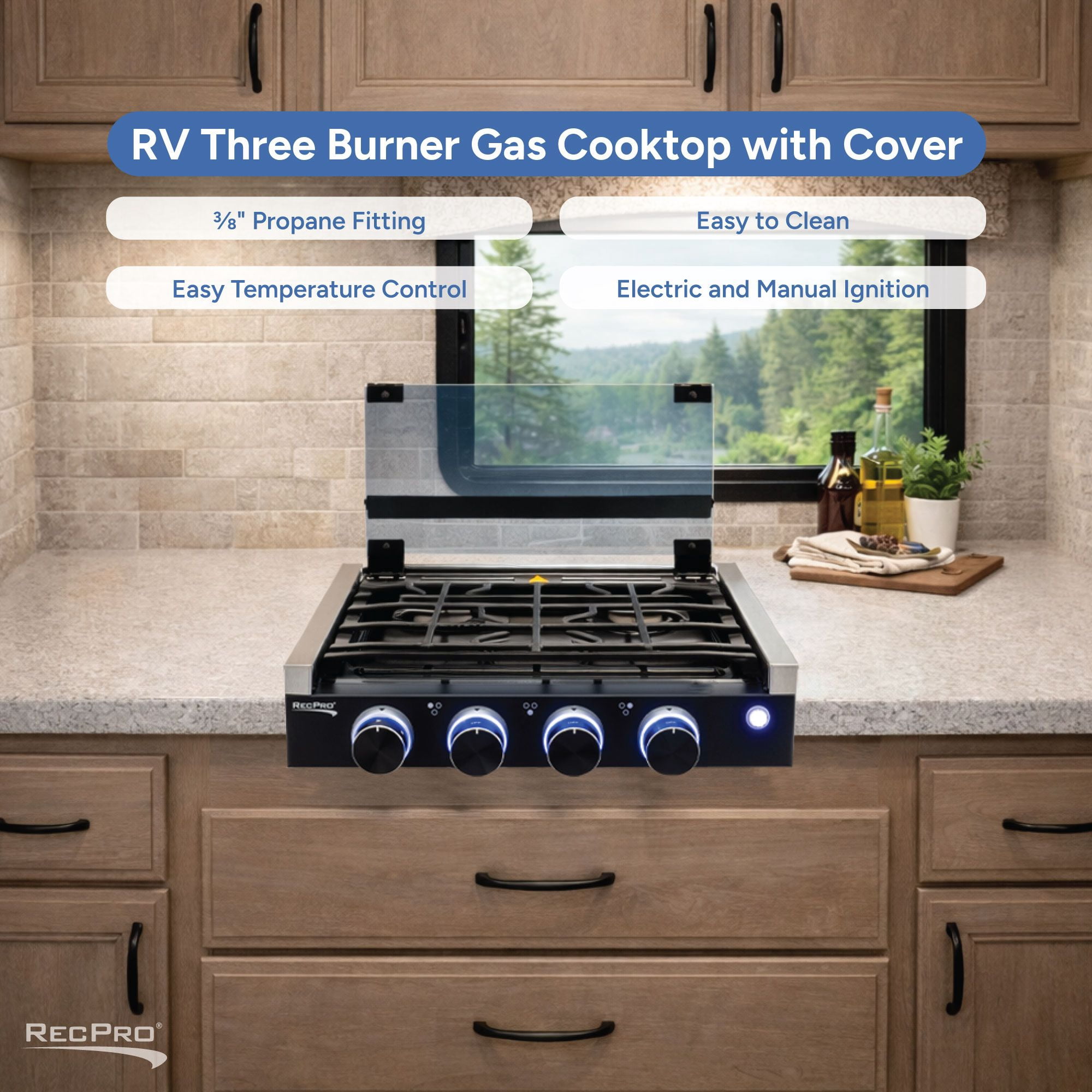 RecPro RV Built In Gas Cooktop | 2 Burner or 3 Burner | RV Cooktop Stove | 6,500 and 8,000 BTU Burners | Cover Included (Black, 3-Burner)