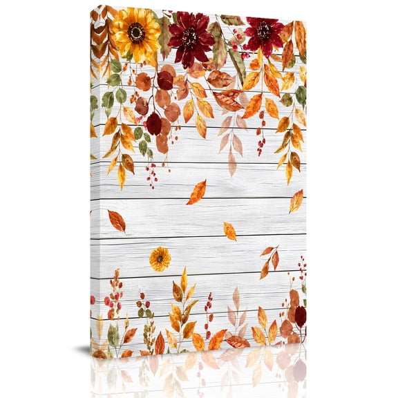 Canvas Wall Art, Thanksgiving Framed Canvas Prints for Living Room Dining Room, Fall Eucalyptus Leaves Flowers Wooden Grain Extra Large Gallery Wrapped Wall Decor for Home Office, Gifts, 22"x28"